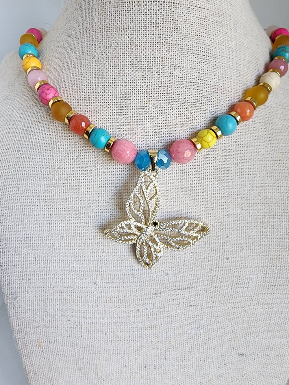 Colorful Beaded Butterfly Pendant Necklace Gold Tone 18" + 2" Ext